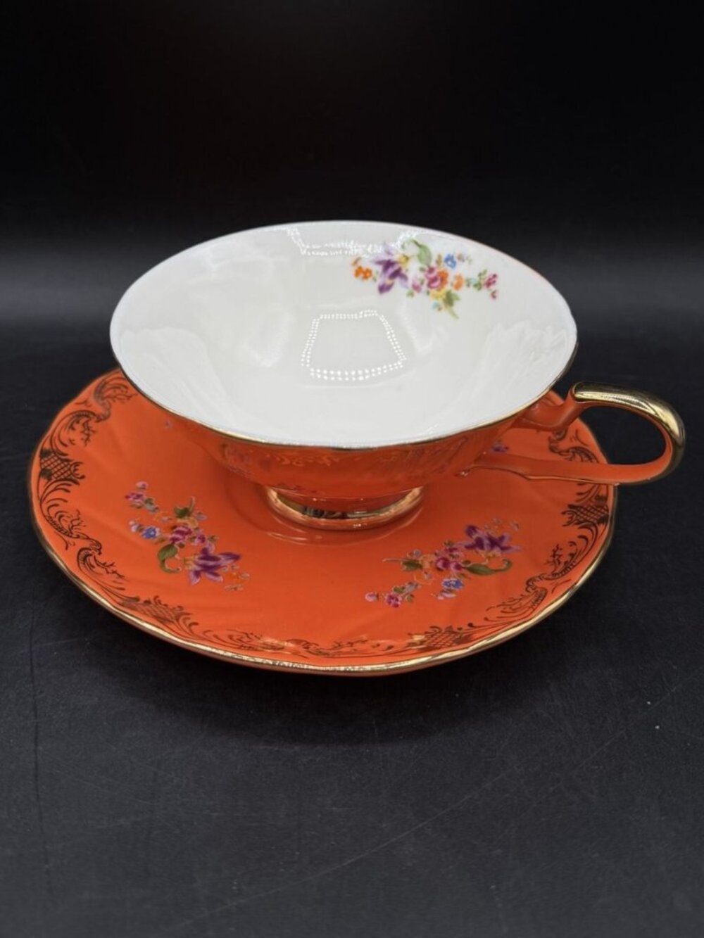 T2 Tangerine Teacup Saucer 24k Gold Detail Burnt Orange Wildflower Details